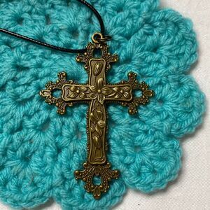 Cross‎ Pendant, Crucifix, Christian, Scroll, Bronze, Black Cord Necklace, Unisex